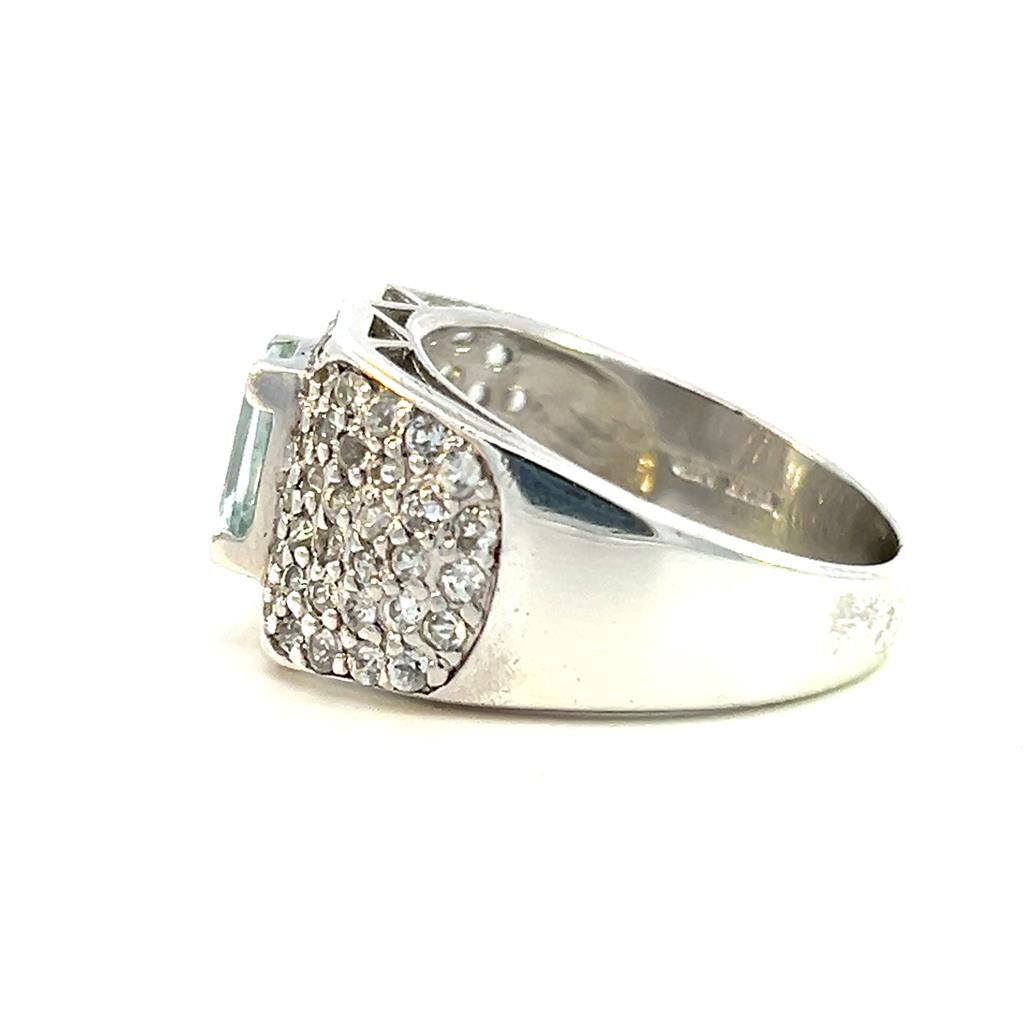 Estate Sterling Silver Emerald Cut Aquamarine & White Sapphire Wide Band