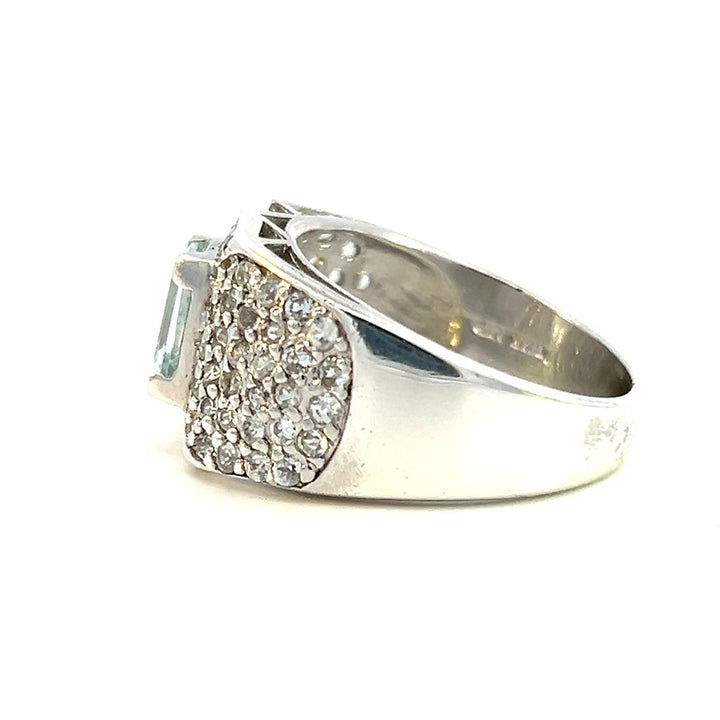 Estate Sterling Silver Emerald Cut Aquamarine & White Sapphire Wide Band
