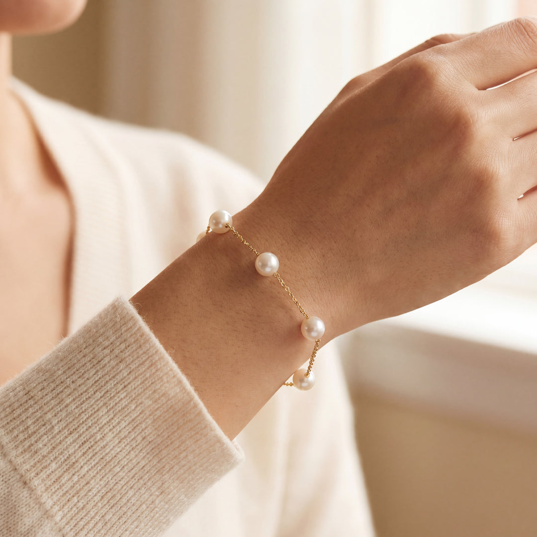 Estate 14K Yellow Gold Pearl Station Bracelet by Effy