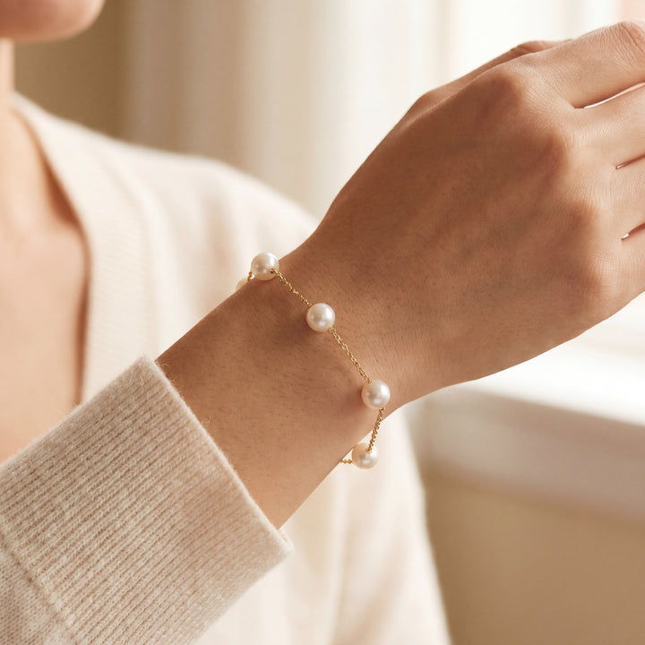 Estate 14K Yellow Gold Pearl Station Bracelet by Effy