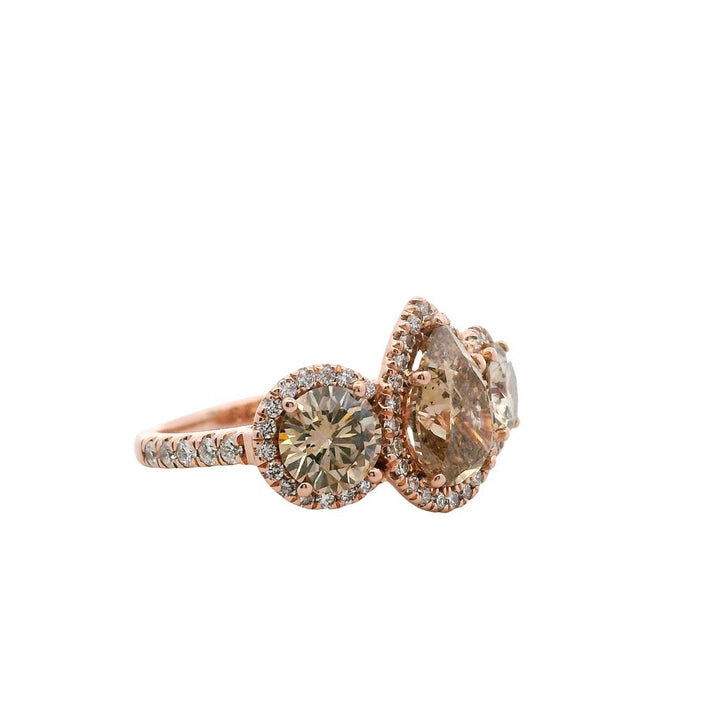 Estate 14K Rose Gold 3.24ctw Brown Diamond Three Stone Halo Engagement Ring