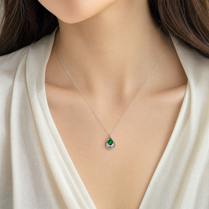 Estate Sterling Silver Mid-Century Oval Emerald & Diamond Pendant Necklace, 16-20"