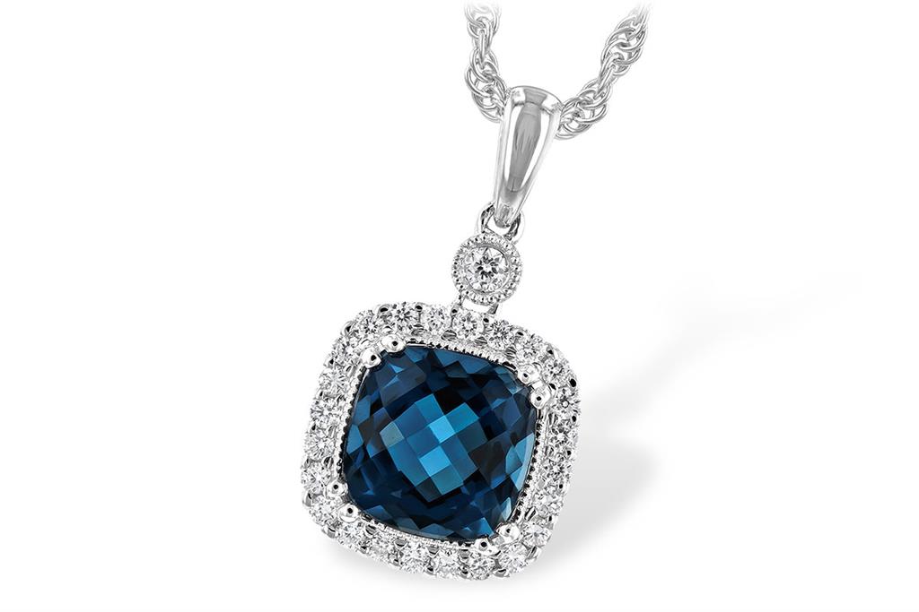 14K White Gold 1.80ctw Cushion London Blue Topaz & Diamond Halo Necklace by Allison Kaufman