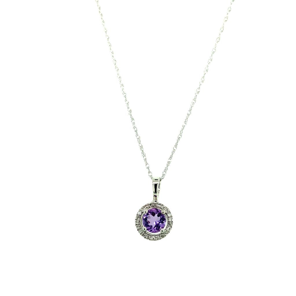 14K White Gold 0.57ctw Amethyst & Diamond Halo Necklace