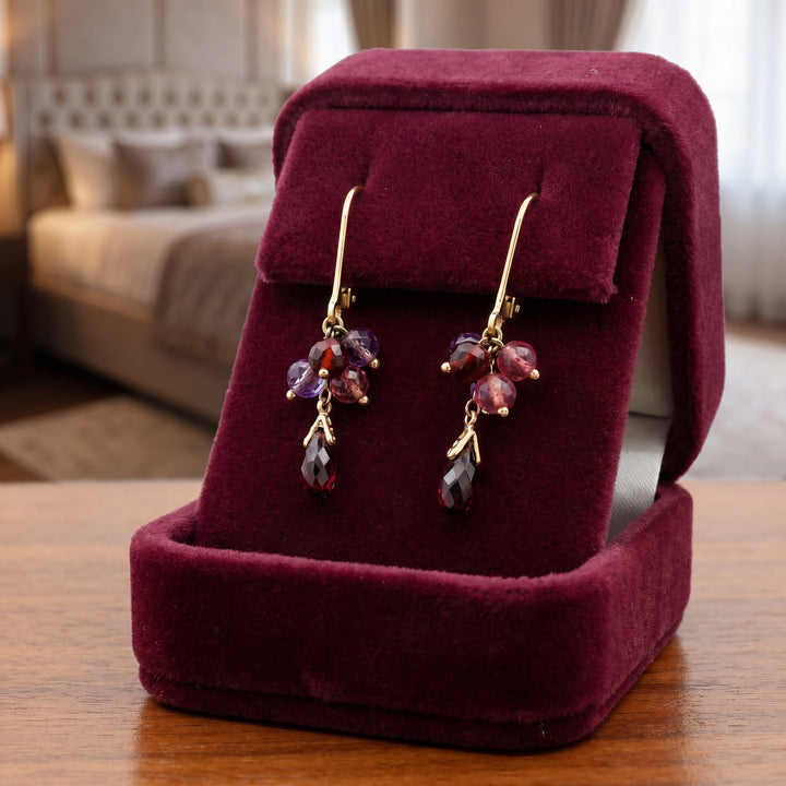 Estate 14K Yellow Gold Pink Tourmaline, Amethyst & Garnet Bead Cluster Dangle Earrings