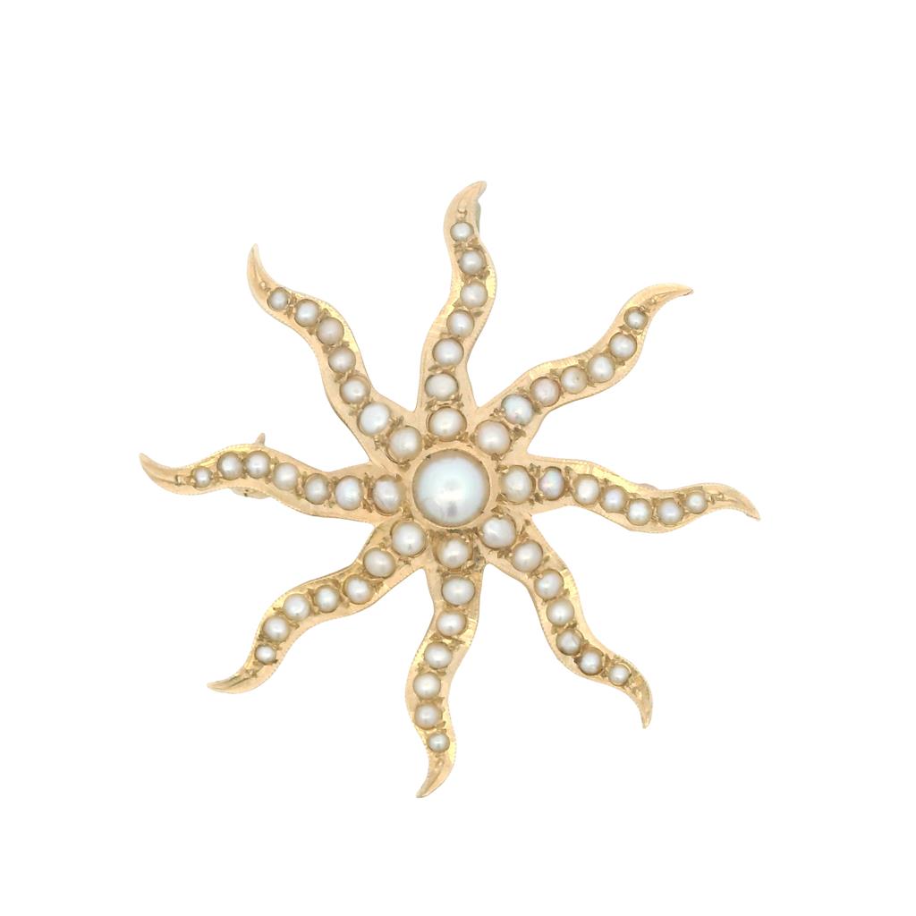 Estate 14K Yellow Gold Pearl Sunburst Brooch - Natural Pearls 1900s Design