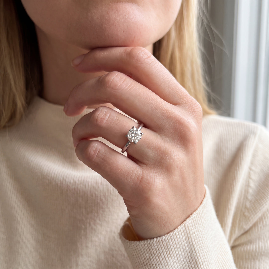 14KT White Gold Round Transitional Cut Diamond Engagement Ring, Mid-Century Modern