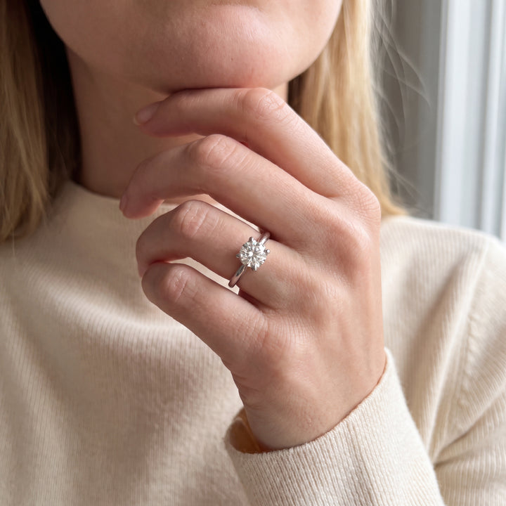 14KT White Gold Round Transitional Cut Diamond Engagement Ring, Mid-Century Modern