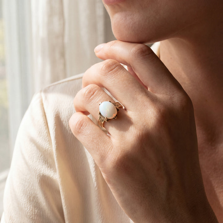Estate 14KT Yellow Gold Oval Cabochon Opal Solitaire Ring, Size 6.5, Victorian