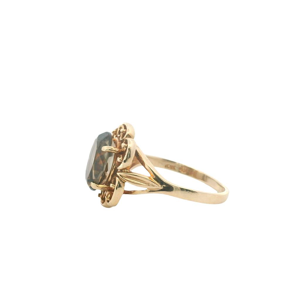 Estate 10K Yellow Gold Smoky Quartz Ring - Vintage Filigree Design Size 6.5