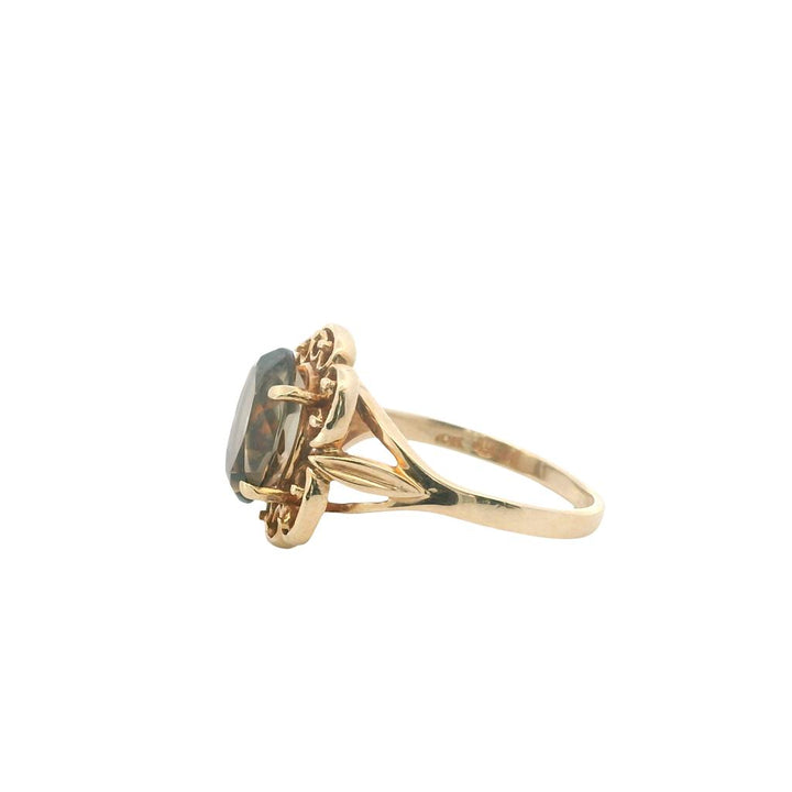 Estate 10K Yellow Gold Smoky Quartz Ring - Vintage Filigree Design Size 6.5