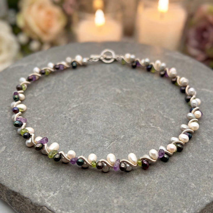 Estate Sterling Silver Peridot, Amethyst & Pearl Beaded Coil Wire Necklace