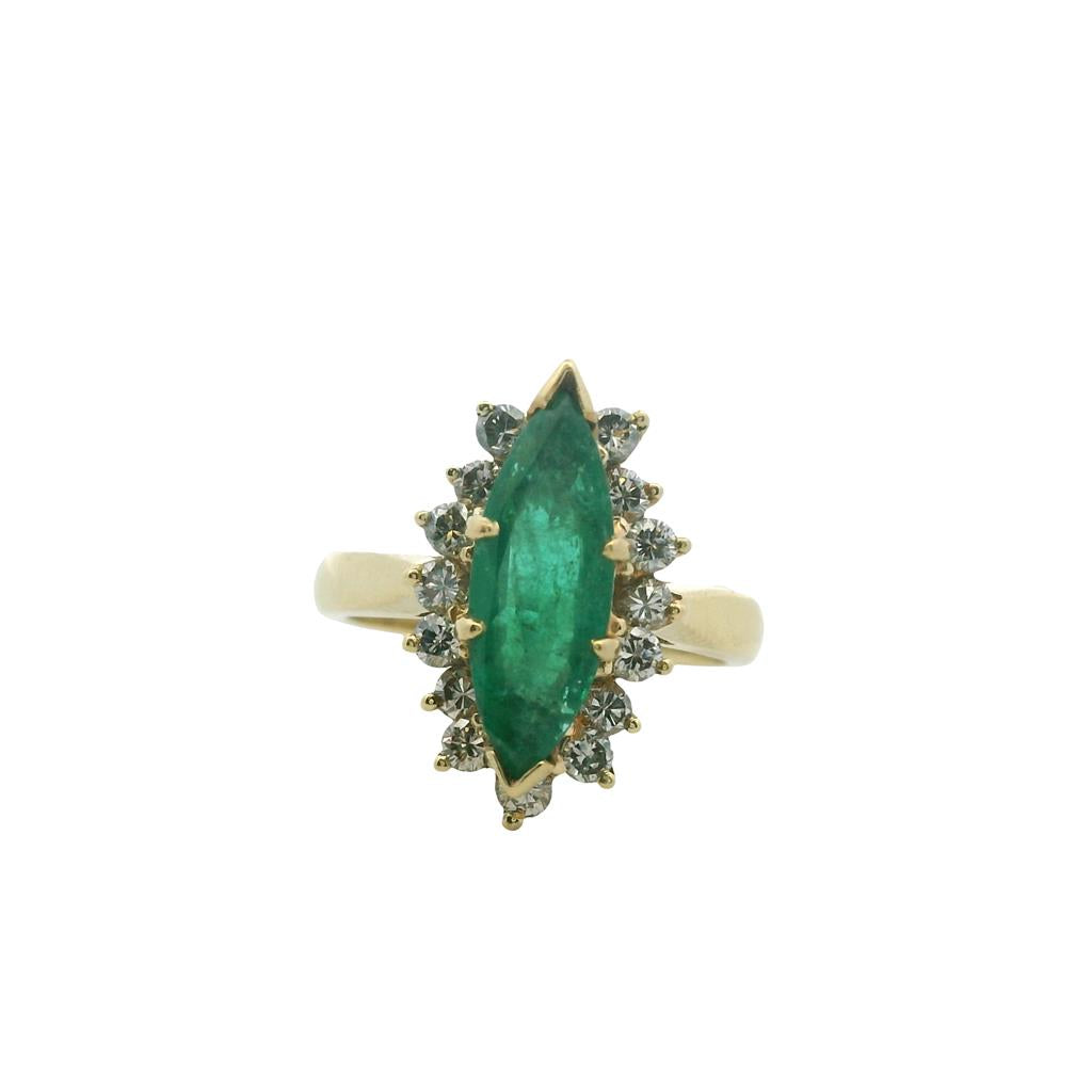 Estate 18K Yellow Gold 1.82ctw Marquise Emerald & Diamond Halo Ring