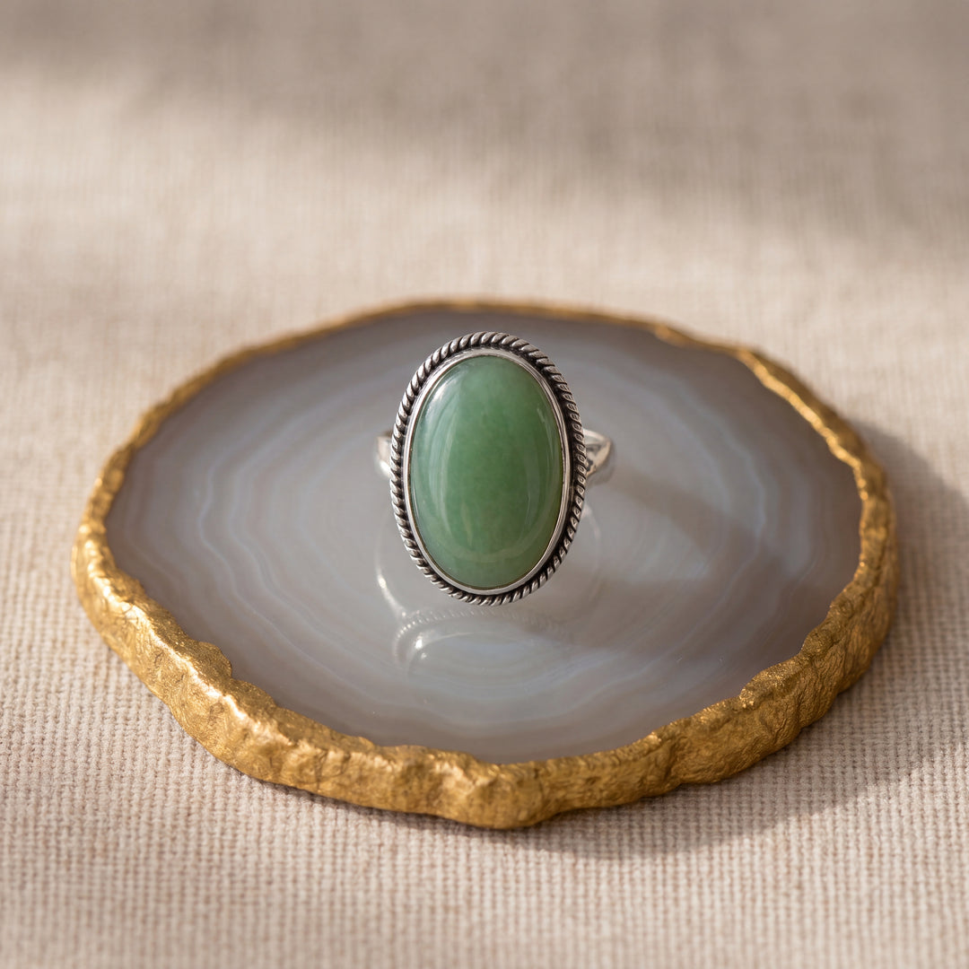 Estate Sterling Silver Oval Cabochon Nephrite Jade Scroll Ring