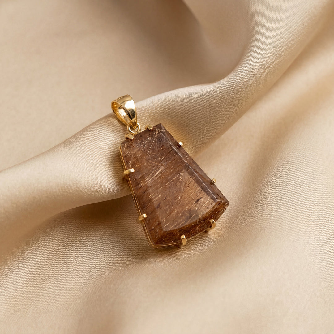 Estate 14K Yellow Gold Freeform Trapezoid Rutilated Quartz Pendant