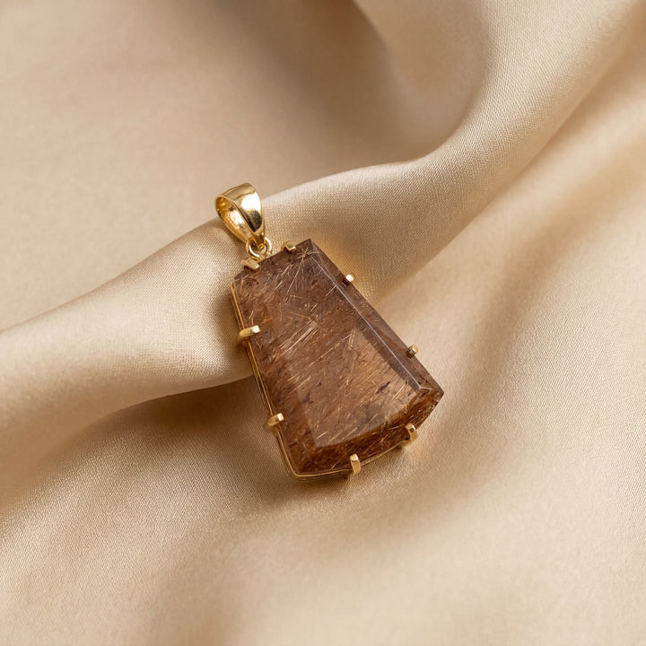 Estate 14K Yellow Gold Freeform Trapezoid Rutilated Quartz Pendant