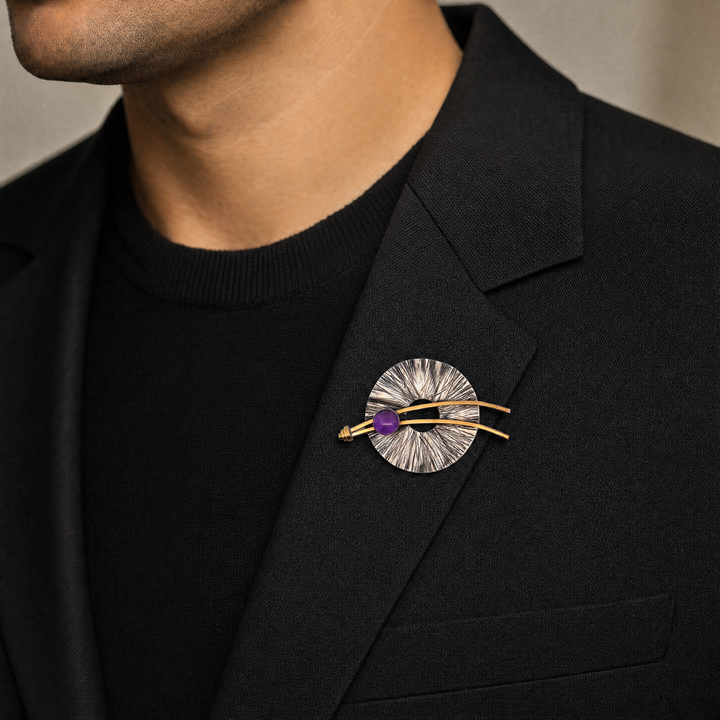 Estate 1960s Sterling Silver & Brass Brutalist Amethyst Brooch