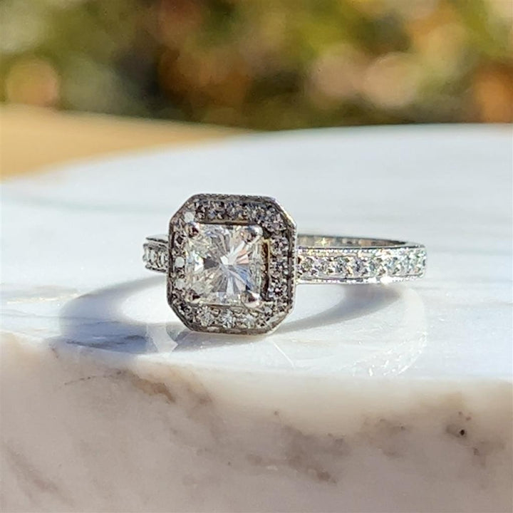 Estate Platinum 1.03ctw Radiant Cut Diamond Halo Engagement Ring