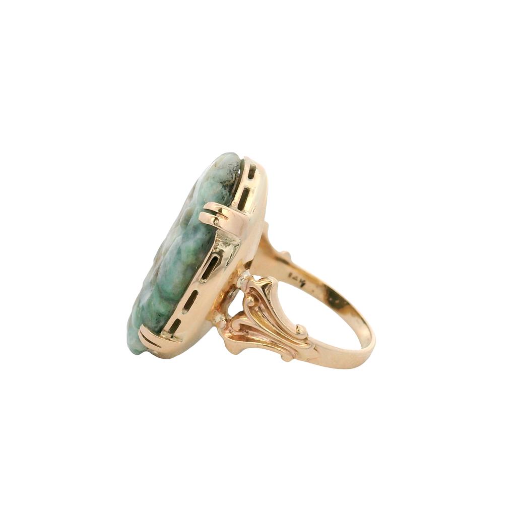 Estate 14K Yellow Gold Carved Jade Floral Ring