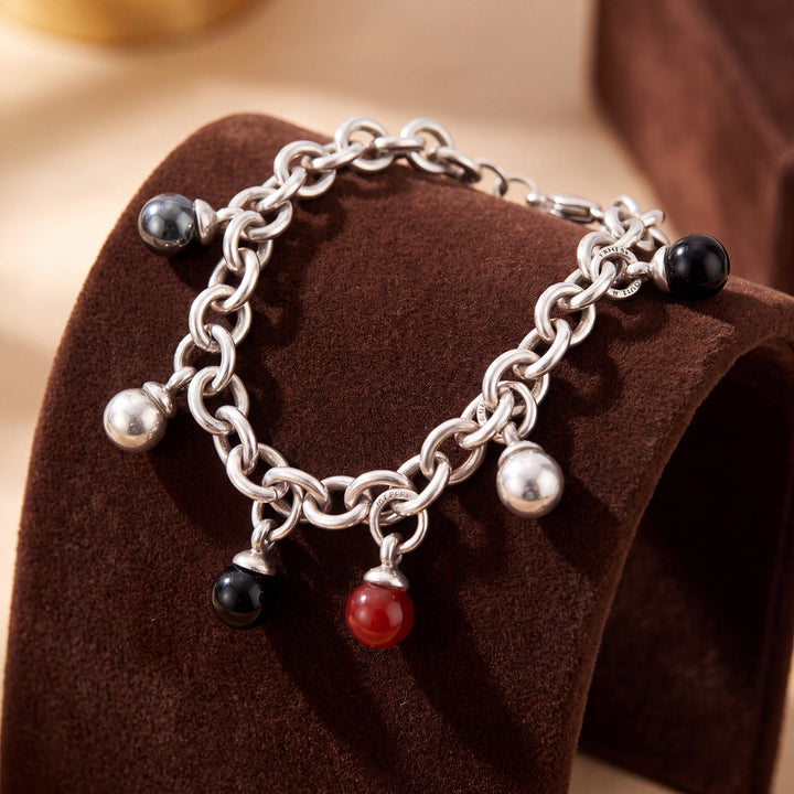 Estate Tiffany & Co. Sterling Silver Carnelian, Black Onyx & Hematite Sphere Charm Bracelet