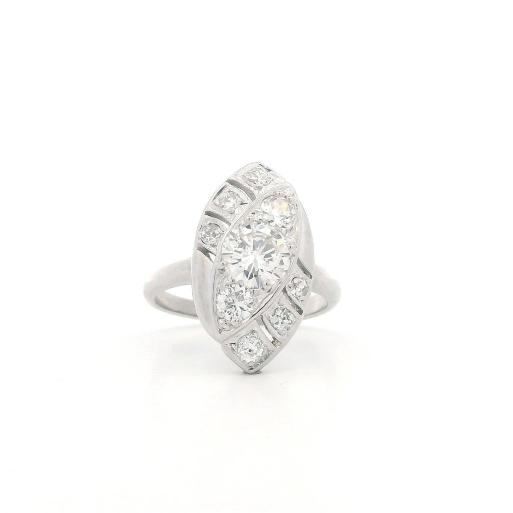Estate 14K White Gold Art Deco Navette Diamond Ring - 1.33 CTW 1950's Vintage