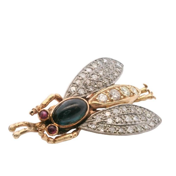 Estate Platinum & 14K Gold Blue Sapphire, Ruby, & Diamond Insect Brooch
