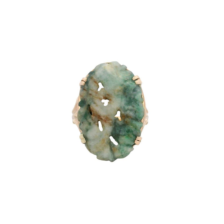 Estate 14K Yellow Gold Carved Jade Floral Ring