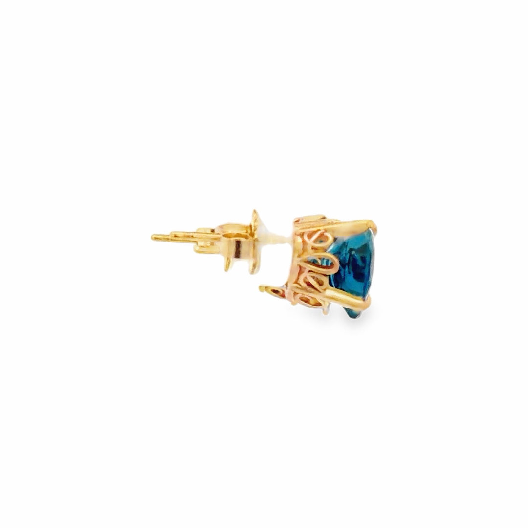 Estate 14K Yellow Gold Heart Shape London Blue Topaz Stud Earrings 4.60CT TWT