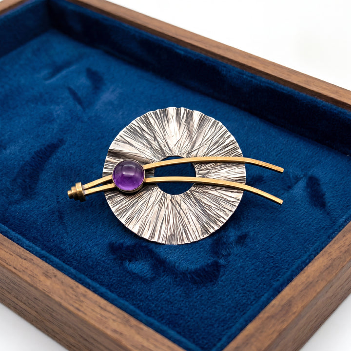 Estate 1960s Sterling Silver & Brass Brutalist Amethyst Brooch