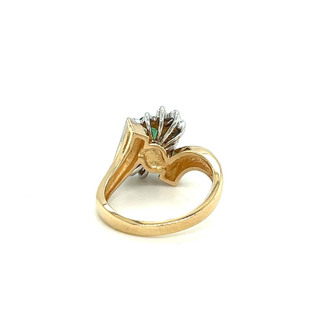 Estate 14K Two Tone Gold Oval Emerald & Diamond Halo Bypass Ring