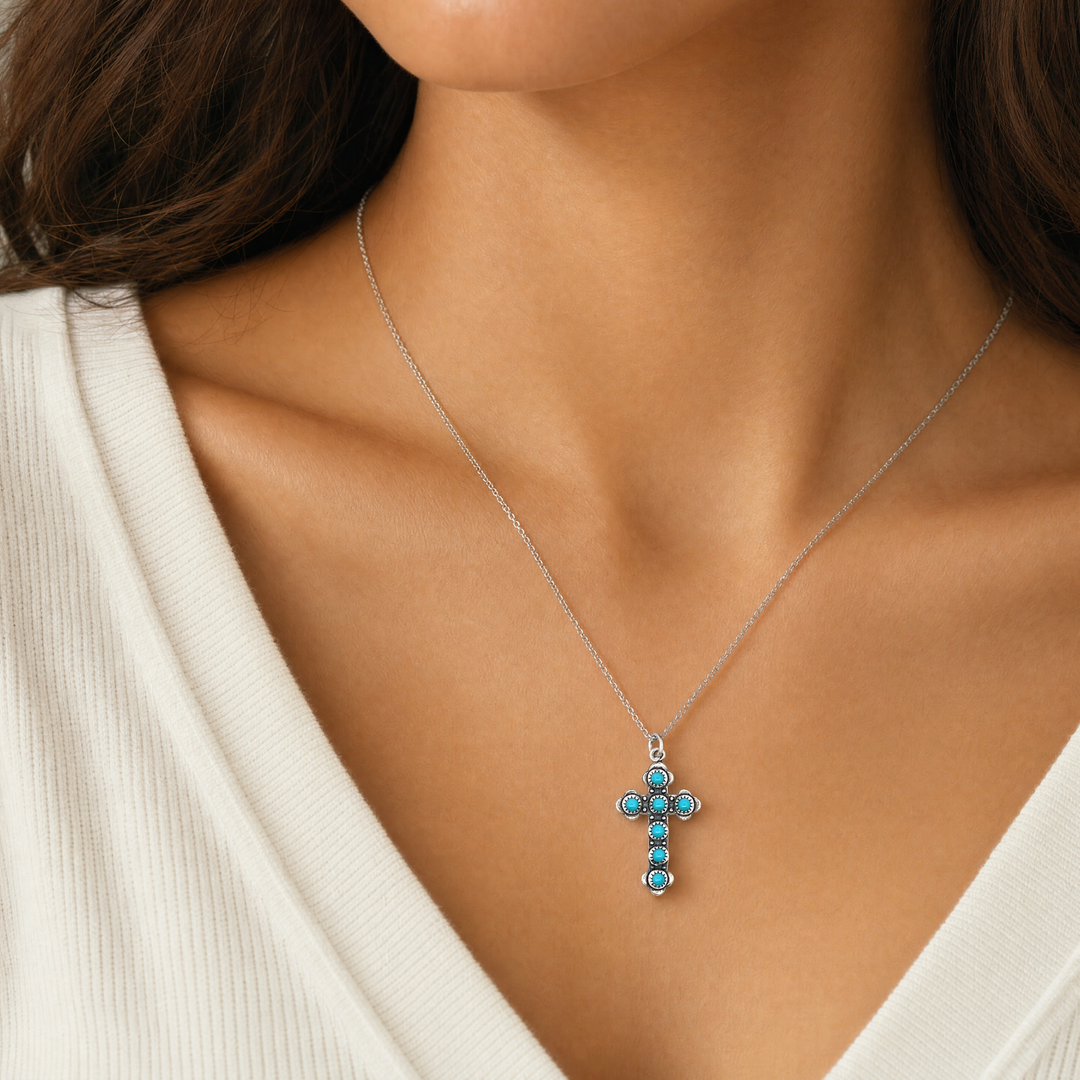 Estate Sterling Silver Round Cabochon Turquoise Cross Pendant