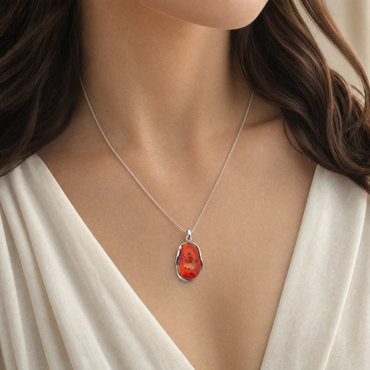 Estate Sterling Silver Freeform Oval Cabochon Amber Pendant