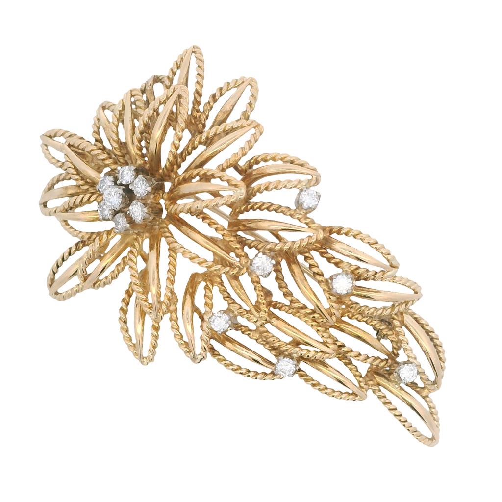 Estate 18K Yellow Gold Openwork Floral Diamond Brooch - 0.41 TCW