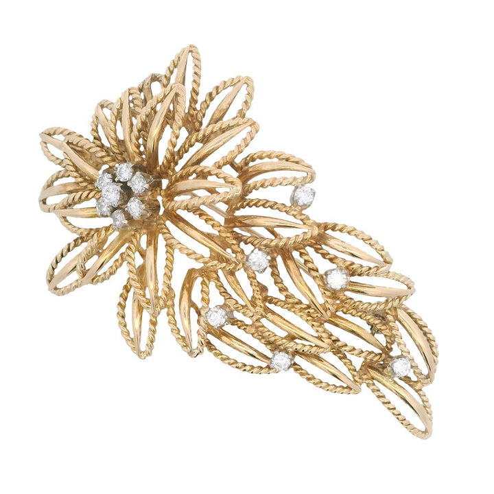 Estate 18K Yellow Gold Openwork Floral Diamond Brooch - 0.41 TCW