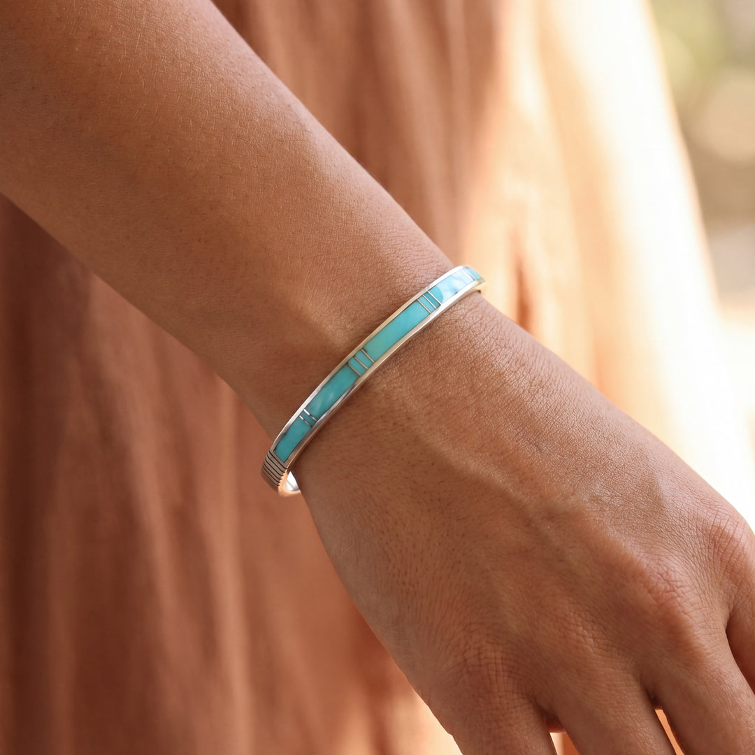 Estate Sterling Silver Turquoise Inlay Cuff Bracelet