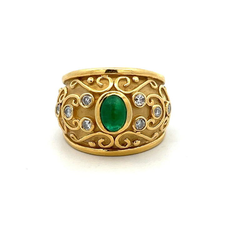 Estate 18K Yellow Gold 1.25ctw Oval Emerald & Diamond Scroll Ring