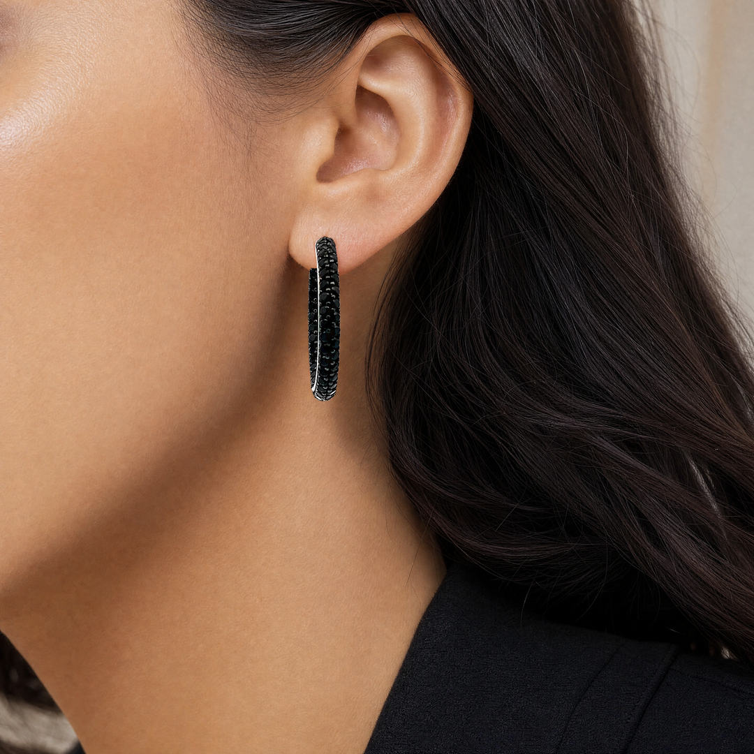 Estate Sterling Silver Round Brilliant Black Diamond Hoop Earrings