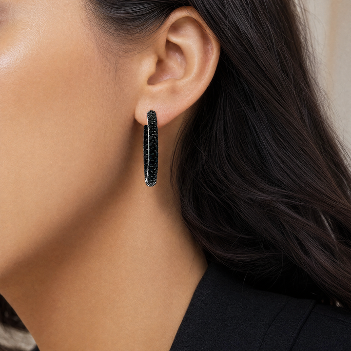 Estate Sterling Silver Round Brilliant Black Diamond Hoop Earrings