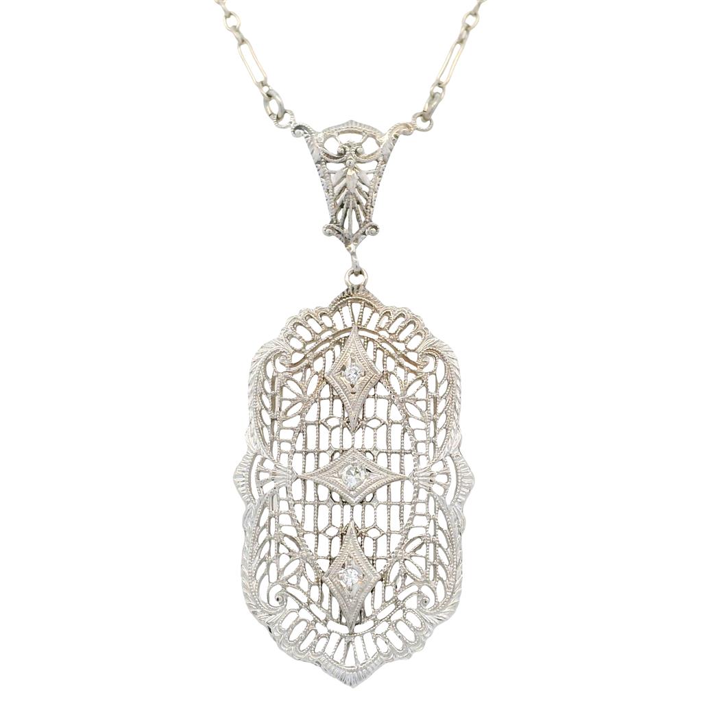 Estate Art Deco 14K White Gold Filigree Diamond Necklace - 1930's