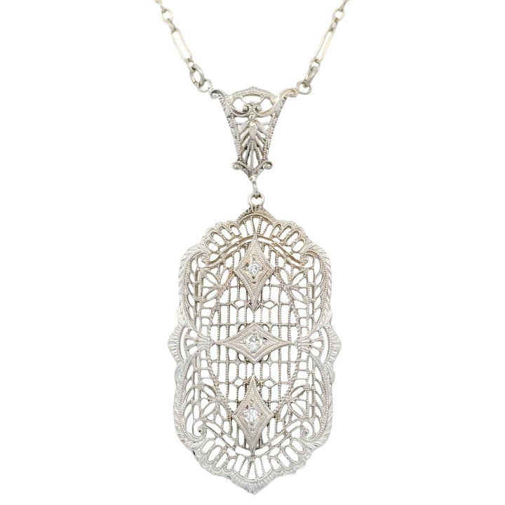 Estate Art Deco 14K White Gold Filigree Diamond Necklace - 1930's