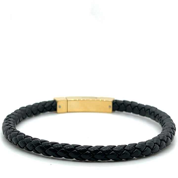 Gold IP Stainless Steel Black Leather Box Clasp Bracelet by Italgem