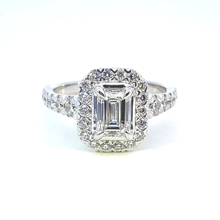 14K White Gold 1.76ctw Emerald Cut Lab Diamond Halo Engagement Ring