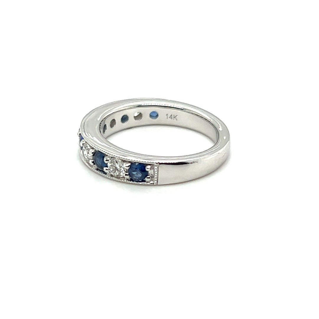 14K White Gold 1.16ctw Blue Sapphire & Diamond Alternating Wedding Band