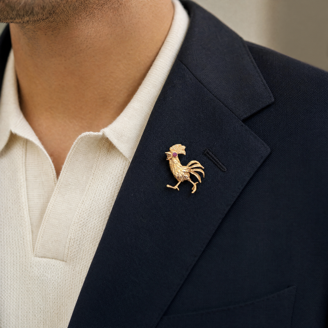 Estate 18K Yellow Gold 0.25CTW Vintage Ruby Rooster Brooch