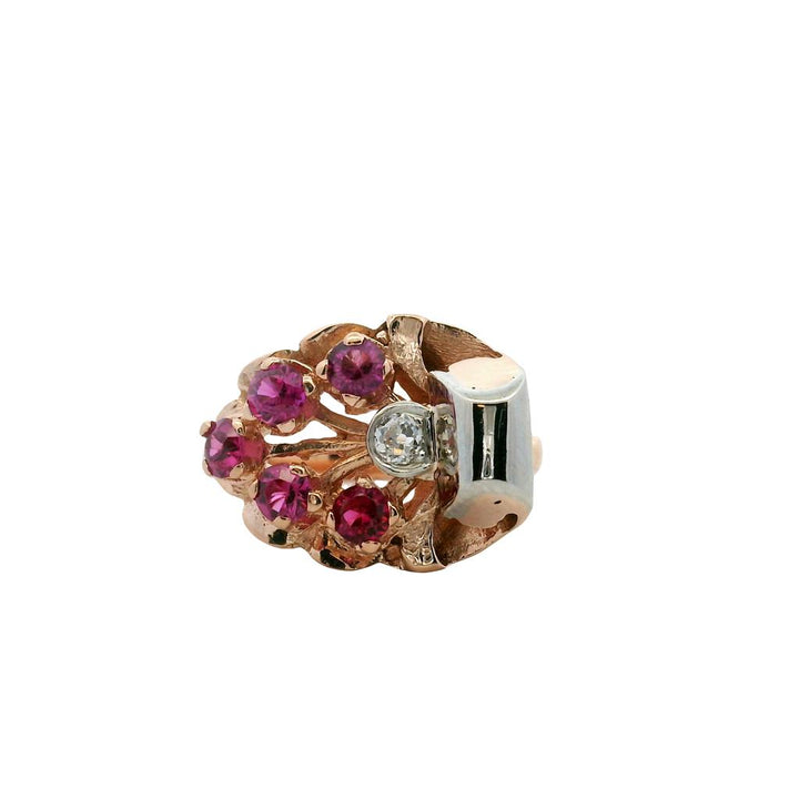 Estate 14K Rose and White Gold Retro Pink Sapphire Diamond Cocktail Ring from the 1940s