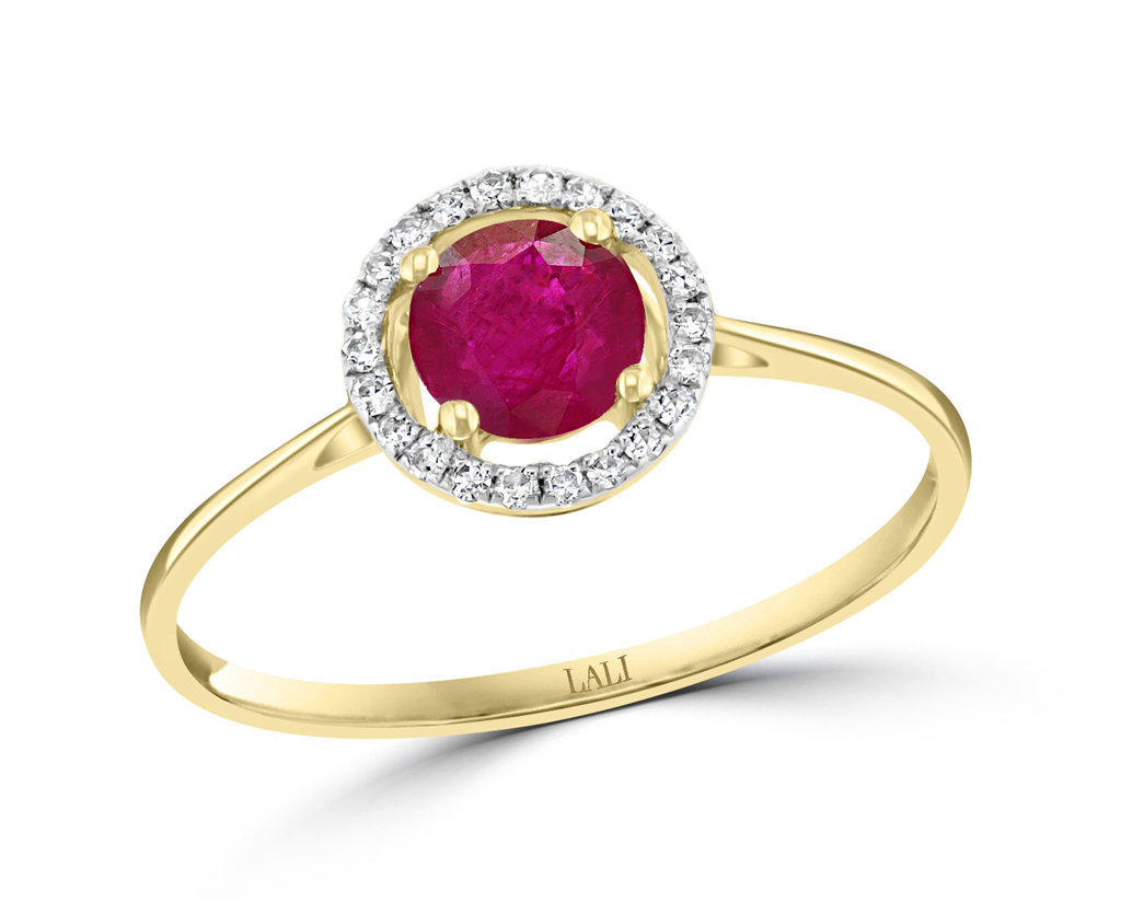 14K Yellow Gold 0.72ctw Round Ruby & Diamond Halo Ring