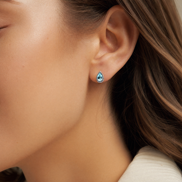 Estate Sterling Silver Pear Cut Blue Topaz & Cubic Zirconia Cluster Stud Earrings