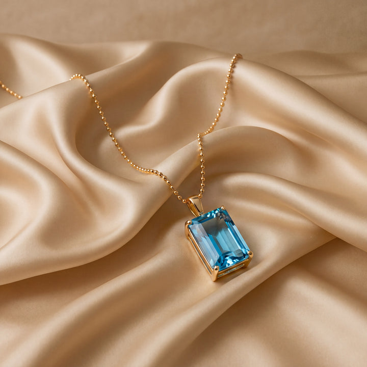 Estate 14K Yellow Gold 5.72CTW Rectangle Sunburst Blue Topaz Pendant