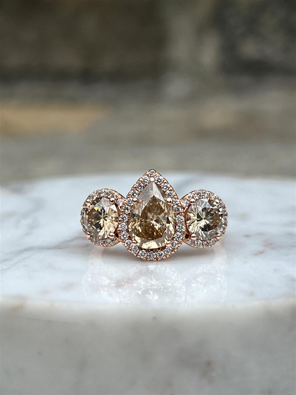 Estate 14K Rose Gold 3.24ctw Brown Diamond Three Stone Halo Engagement Ring