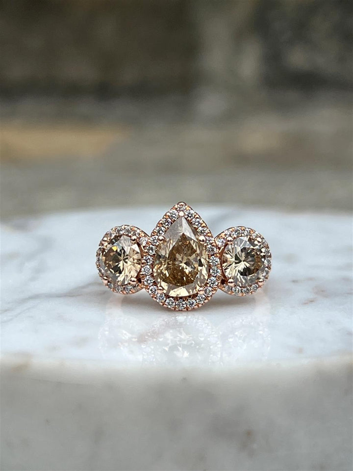 Estate 14K Rose Gold 3.24ctw Brown Diamond Three Stone Halo Engagement Ring